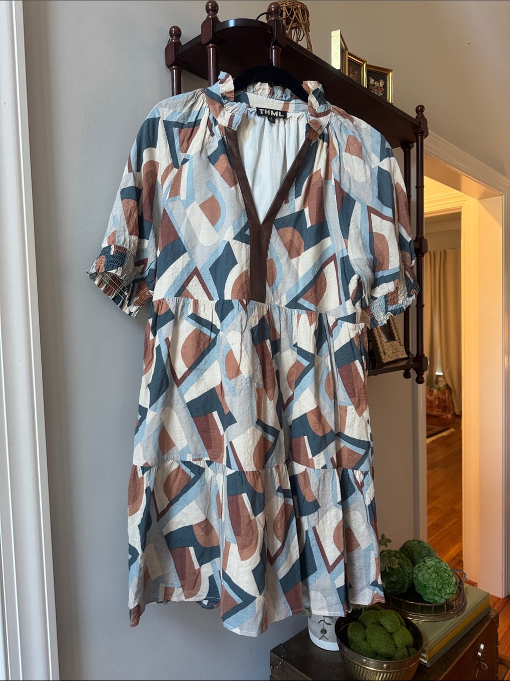 THML Abstract Geometric Tiered Midi Dress in Blue, Brown & White